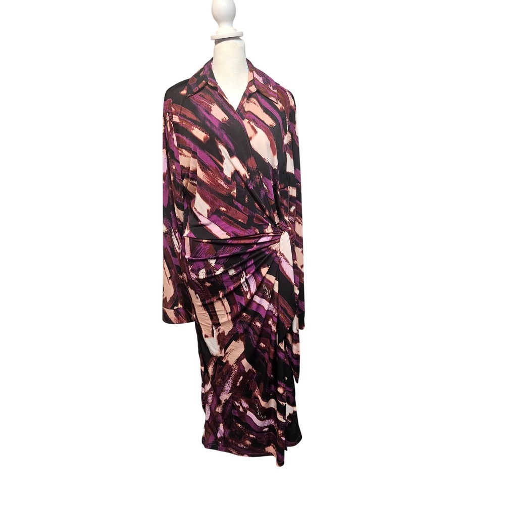 Clover and Sloane Womens XL Purple Abstract Brushstroke Ruched Faux Wrap Dress